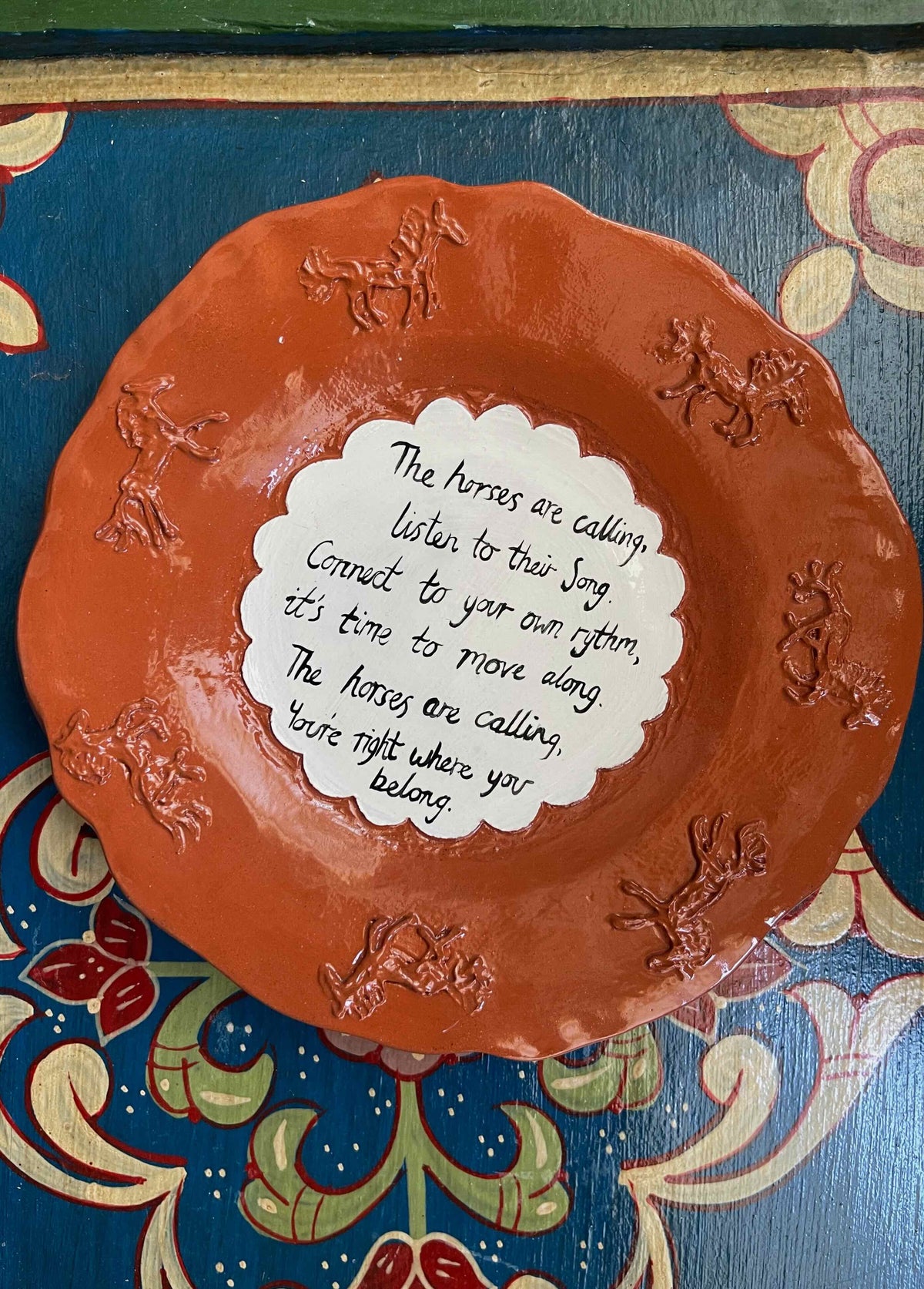the horses are calling, decorative handmade terracotta plate